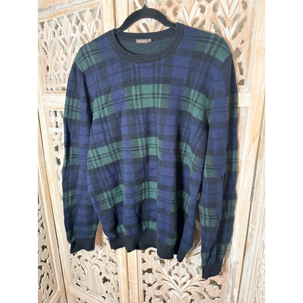 J.McLaughlin Womens Navy Green Black Watch Plaid Crew Neck Modal Sweater Size M